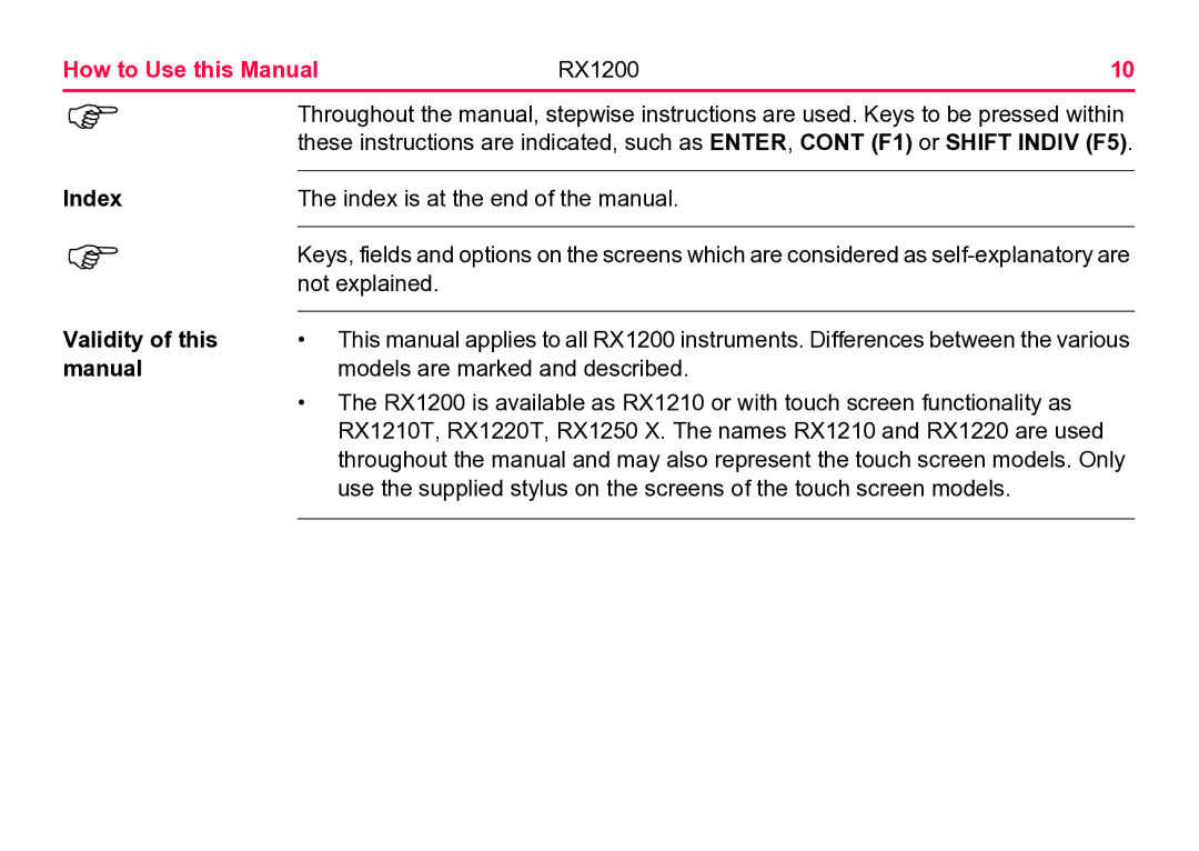 Leica RX1200 user manual Index Validity of this manual 