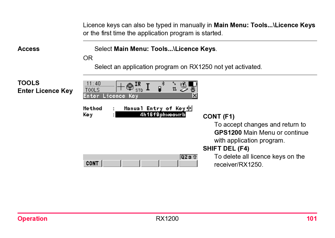 Leica user manual Access Select Main Menu Tools...\Licence Keys, Enter Licence Key, Operation RX1200 101 