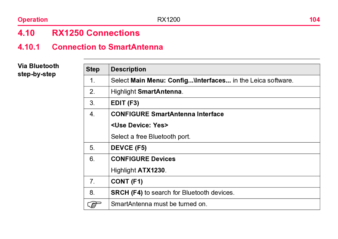 Leica user manual 10 RX1250 Connections, Connection to SmartAntenna, Operation RX1200 104 