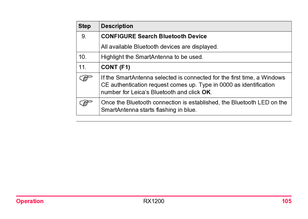 Leica user manual Step Description Configure Search Bluetooth Device, Operation RX1200 105 