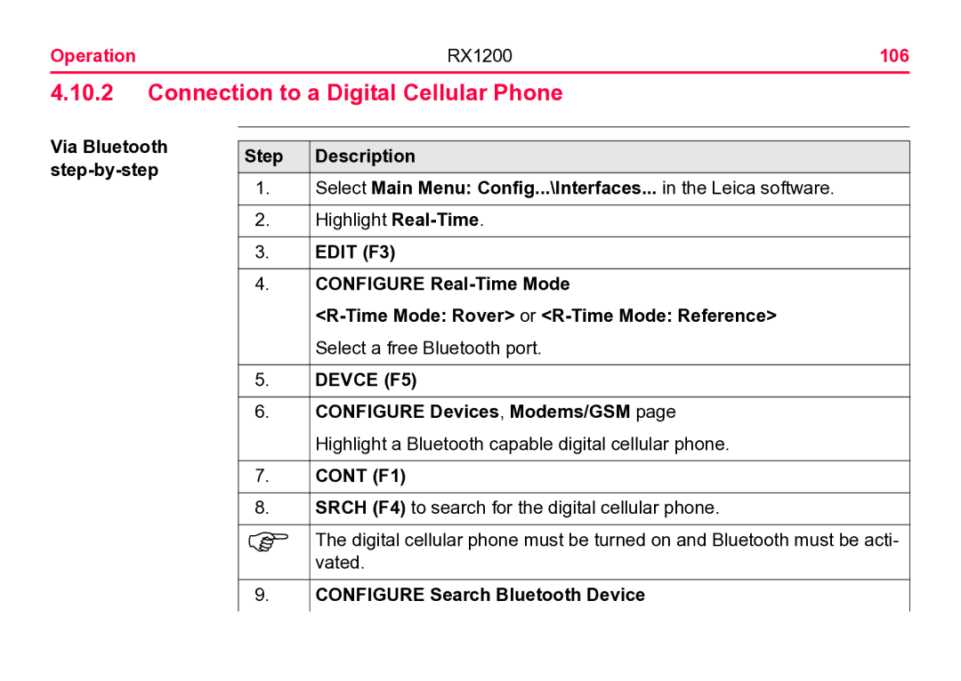 Leica user manual Connection to a Digital Cellular Phone, Operation RX1200 106 