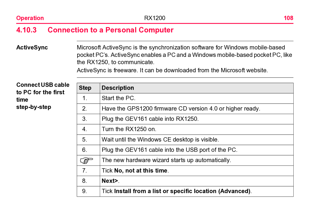 Leica user manual Connection to a Personal Computer, Operation RX1200 108, ActiveSync, Tick No, not at this time 