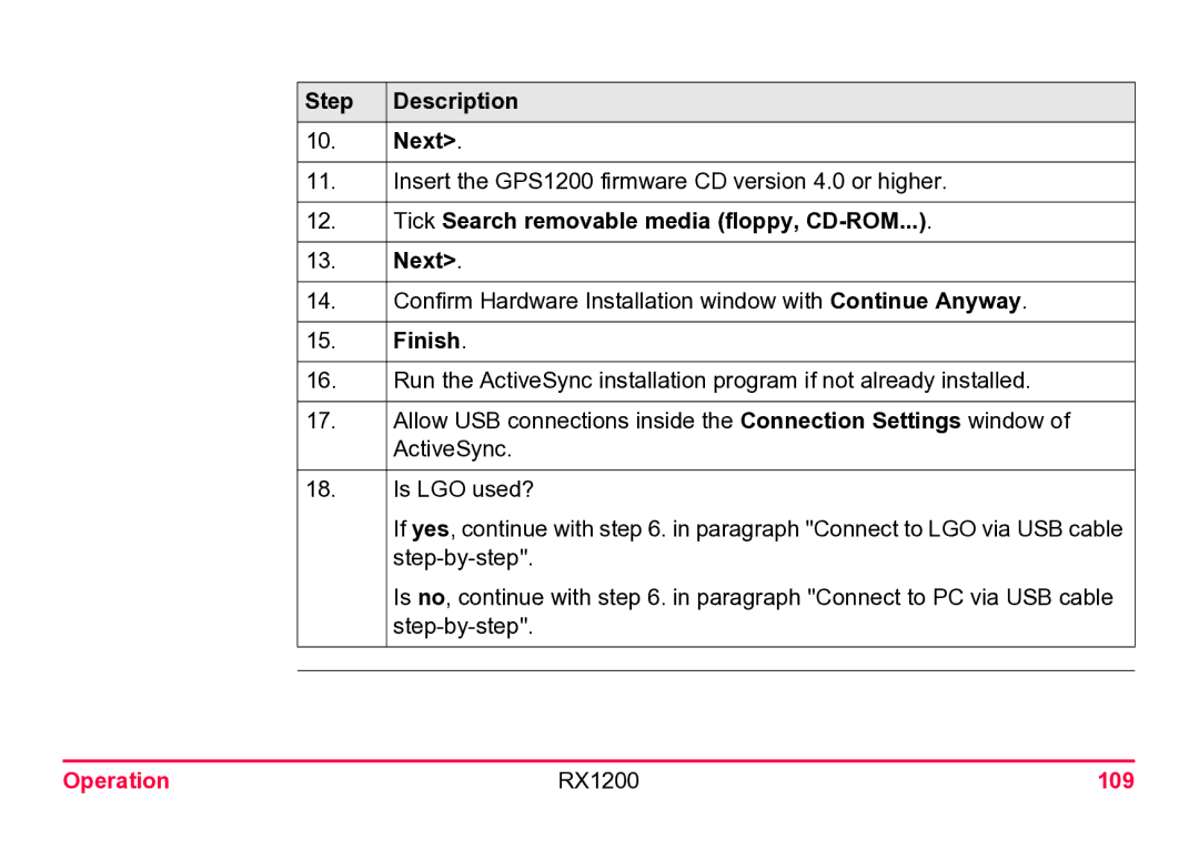 Leica user manual Step Description Next, Tick Search removable media floppy, CD-ROM Next, Finish, Operation RX1200 109 