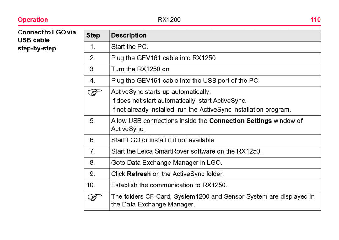 Leica user manual Operation RX1200 110, Connect to LGO via USB cable step-by-step Step Description 