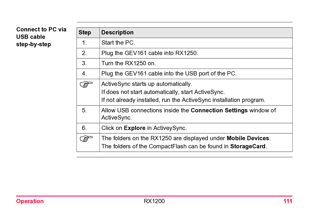 Leica user manual Connect to PC via USB cable step-by-step Step Description, Operation RX1200 111 