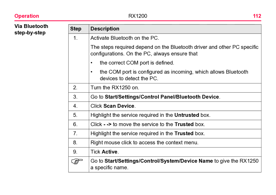 Leica user manual Operation RX1200 112, Via Bluetooth step-by-step Step Description 