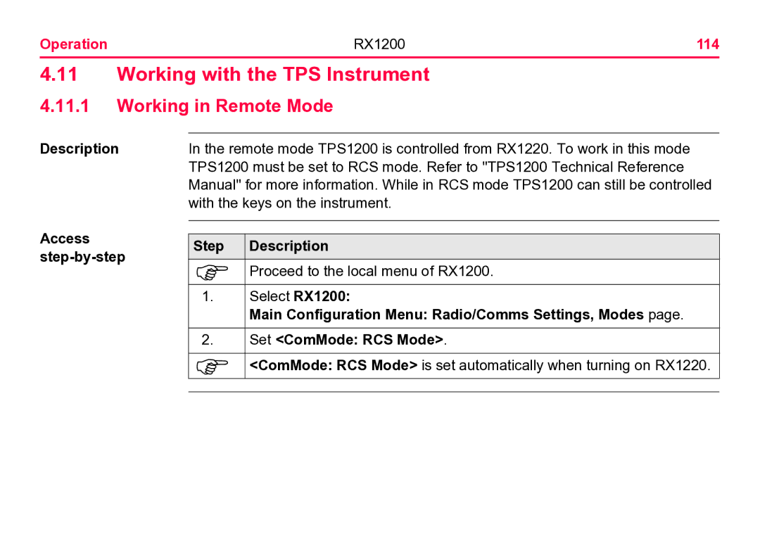 Leica user manual Working with the TPS Instrument, Working in Remote Mode, Operation RX1200 114, Set ComMode RCS Mode 