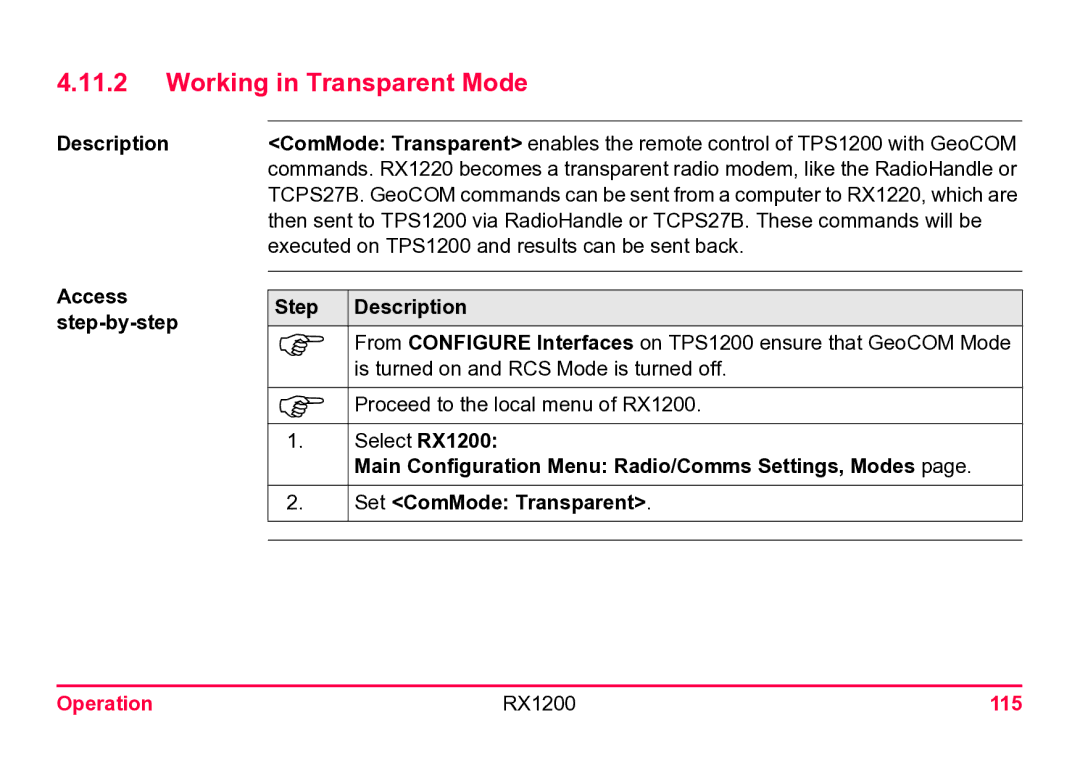 Leica user manual Working in Transparent Mode, Set ComMode Transparent, Operation RX1200 115 