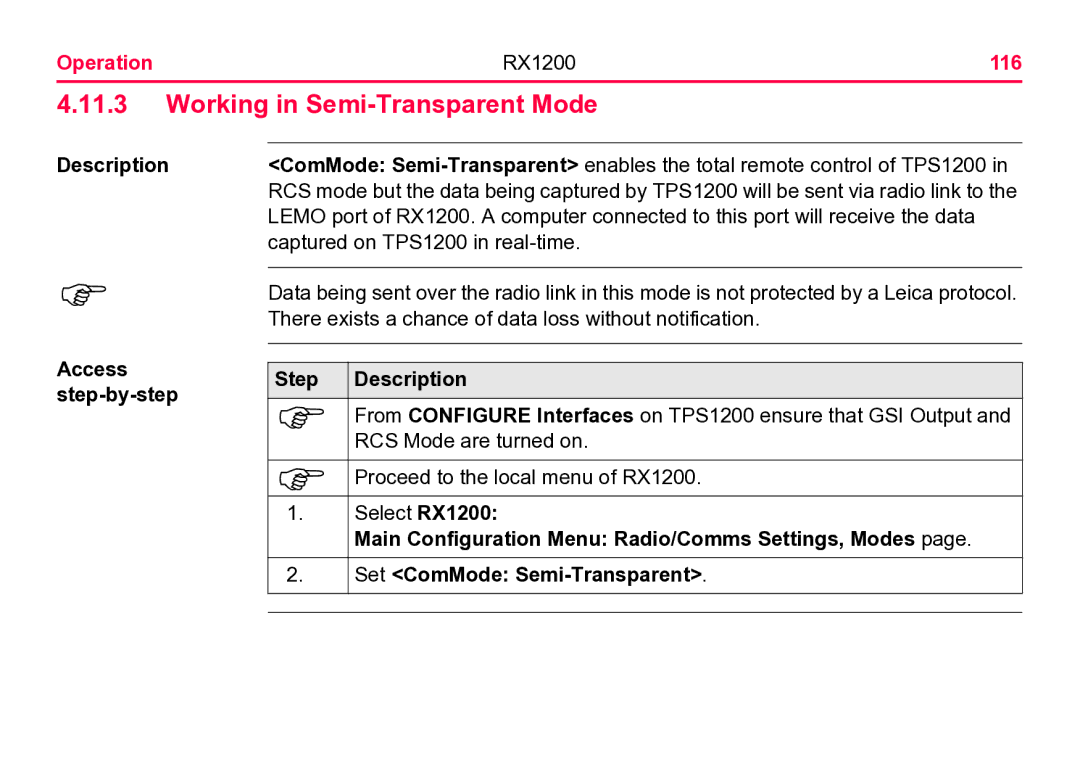 Leica user manual Working in Semi-Transparent Mode, Operation RX1200 116, Set ComMode Semi-Transparent 