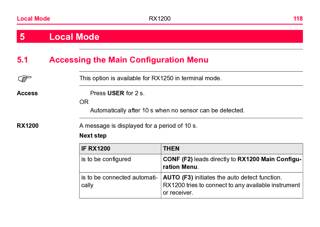 Leica user manual Accessing the Main Configuration Menu, Local Mode RX1200 118, Next step If RX1200, Ration Menu 