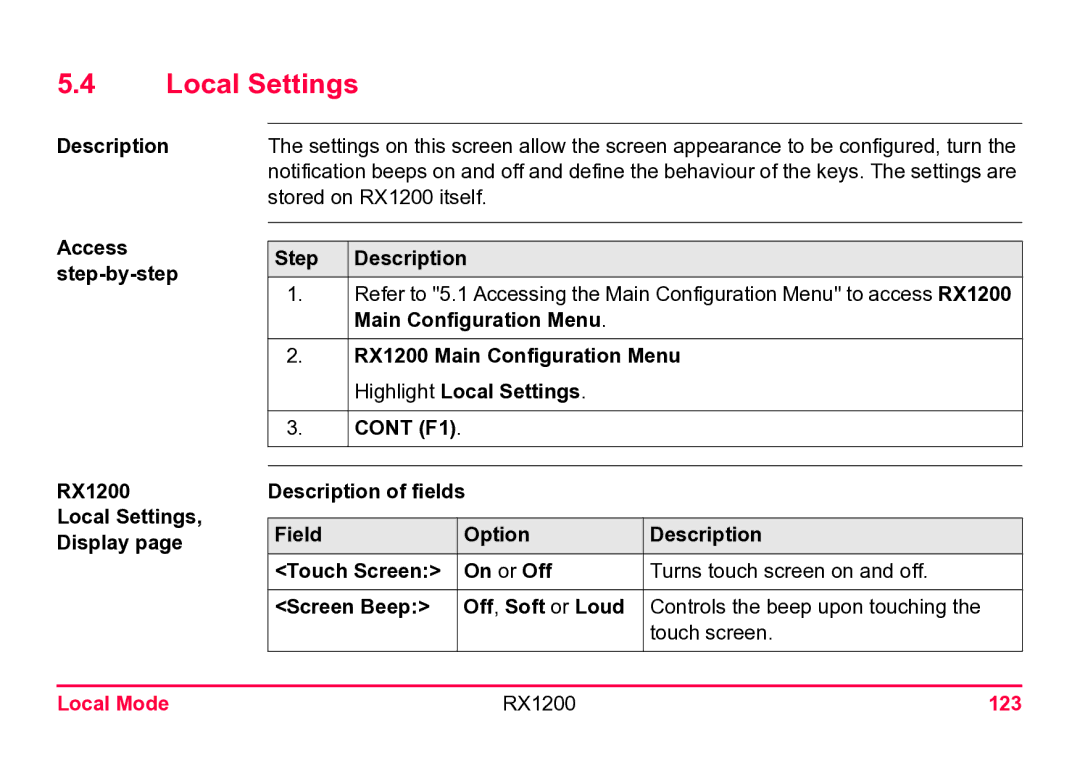 Leica user manual Local Settings, Local Mode RX1200 123 