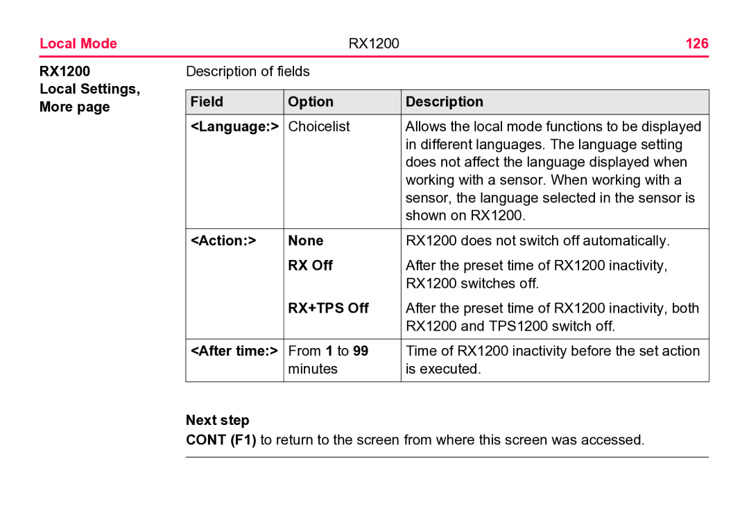 Leica user manual Local Mode RX1200 126, Field Option Description Language, Action None, RX Off, RX+TPS Off 