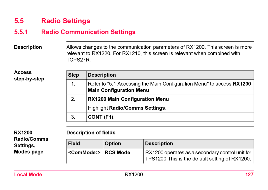 Leica user manual Radio Settings, Radio Communication Settings, Local Mode RX1200 127 