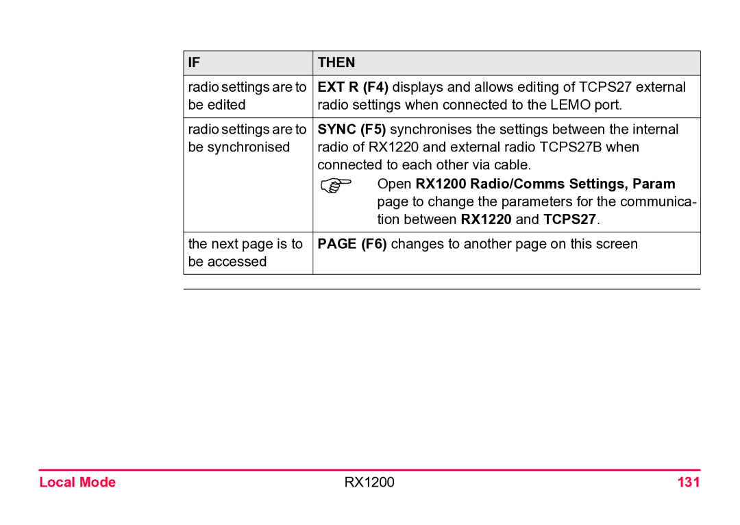 Leica user manual Open RX1200 Radio/Comms Settings, Param, Local Mode RX1200 131 