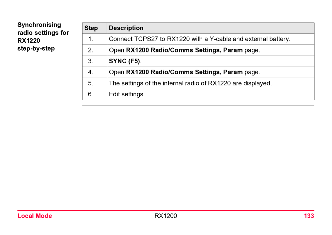 Leica user manual Open RX1200 Radio/Comms Settings, Param Sync F5, Local Mode RX1200 133 