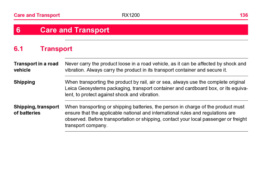 Leica user manual Care and Transport RX1200 136 