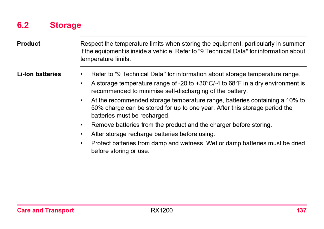 Leica user manual Storage, Product, Li-Ion batteries, Care and Transport RX1200 137 