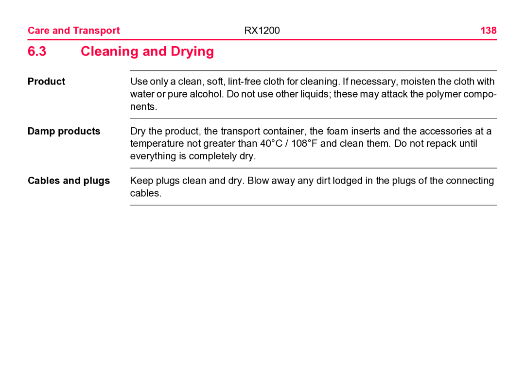 Leica user manual Cleaning and Drying, Care and Transport RX1200 138, Damp products, Cables and plugs 