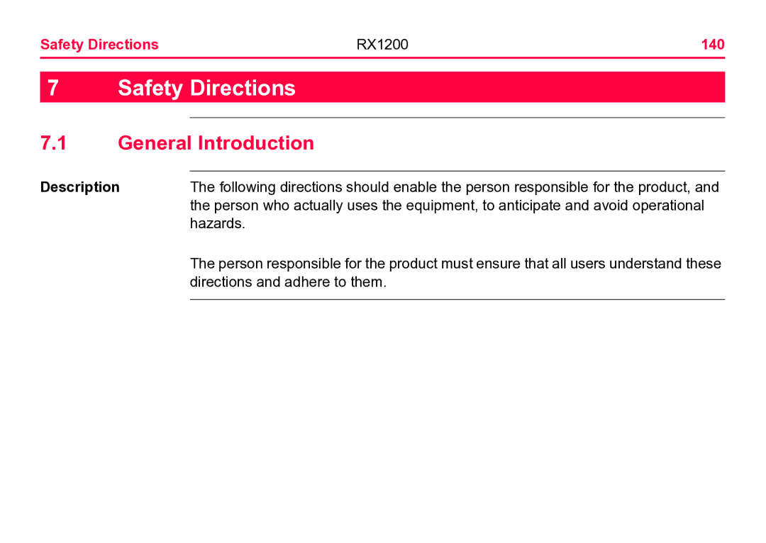 Leica user manual General Introduction, Safety Directions RX1200 140 