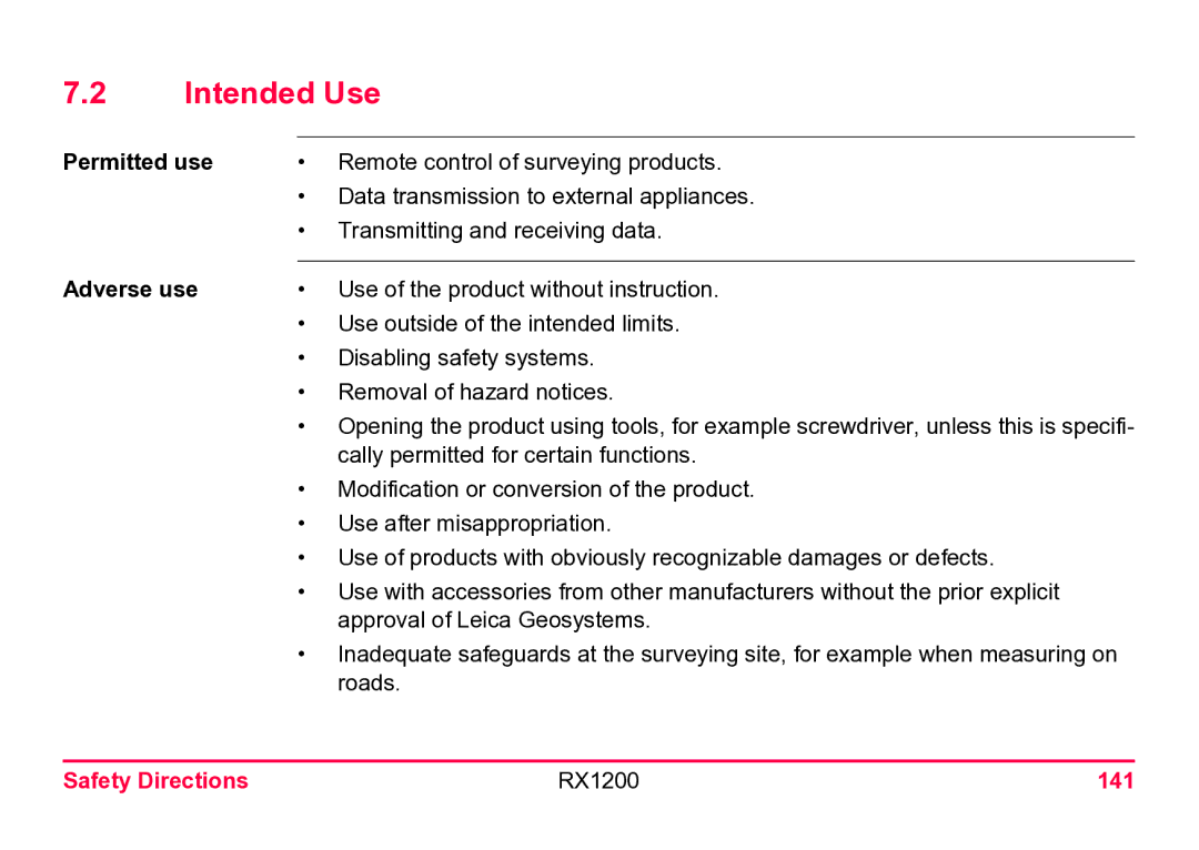 Leica user manual Intended Use, Permitted use, Adverse use, Safety Directions RX1200 141 