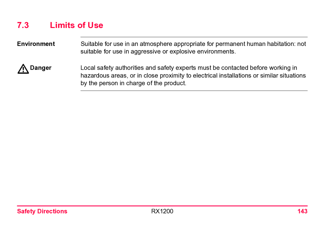 Leica user manual Limits of Use, Environment, Safety Directions RX1200 143 