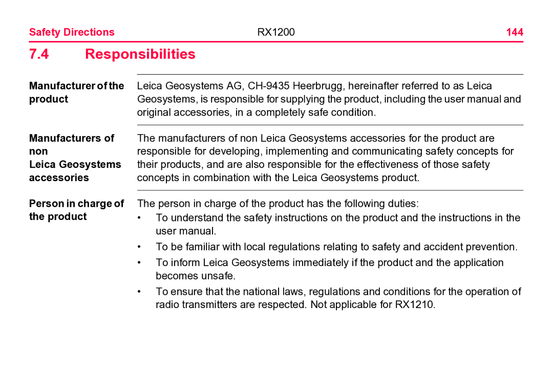 Leica user manual Responsibilities, Safety Directions RX1200 144 