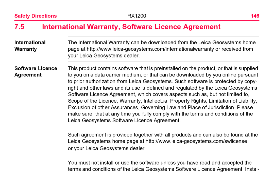 Leica user manual International Warranty, Software Licence Agreement, Safety Directions RX1200 146 