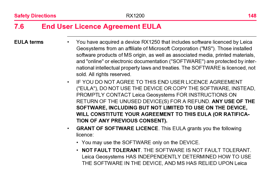 Leica user manual End User Licence Agreement Eula, Safety Directions RX1200 148, Eula terms 