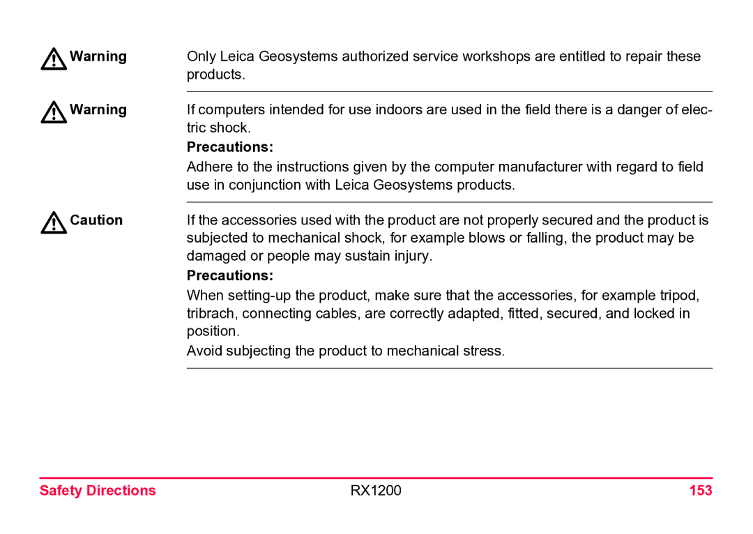 Leica user manual Safety Directions RX1200 153 