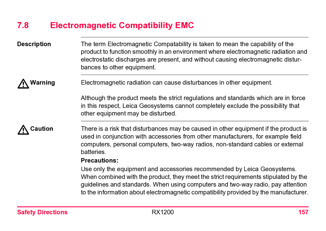 Leica user manual Electromagnetic Compatibility EMC, Safety Directions RX1200 157 