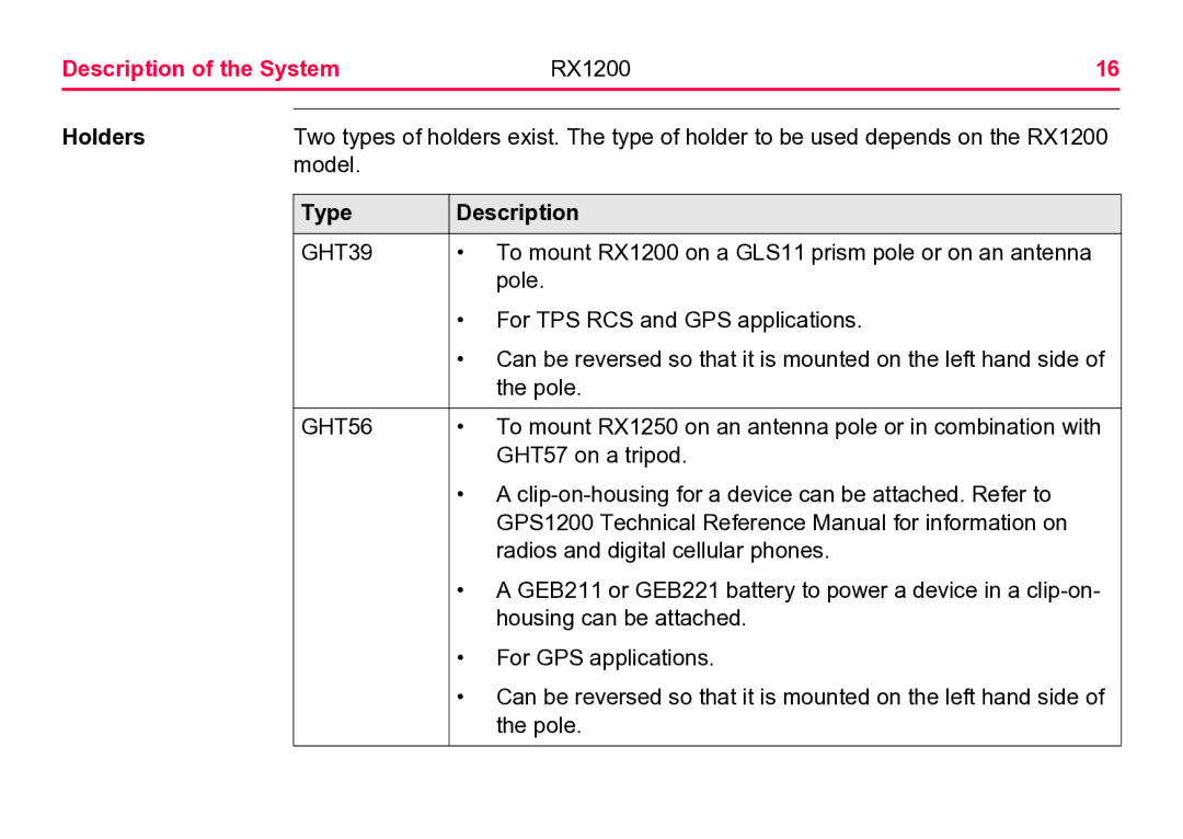 Leica RX1200 user manual Description of the System, Holders, GHT39, GHT56 