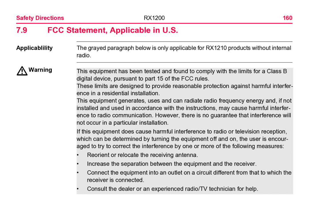 Leica user manual FCC Statement, Applicable in U.S, Safety Directions RX1200 160, Applicablility 