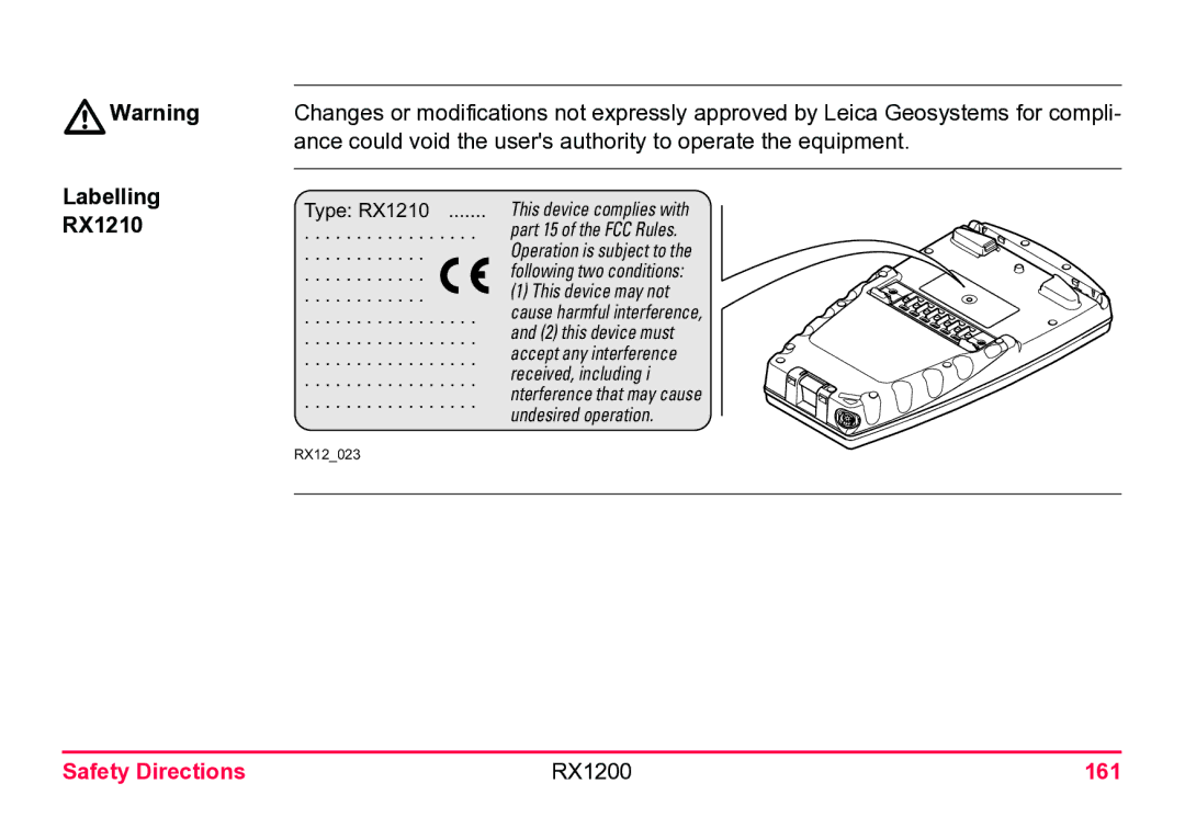 Leica user manual Labelling RX1210, Safety Directions RX1200 161 