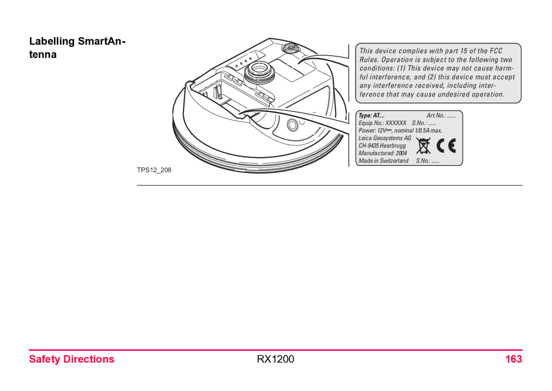 Leica user manual Labelling SmartAn- tenna, Safety Directions RX1200 163 