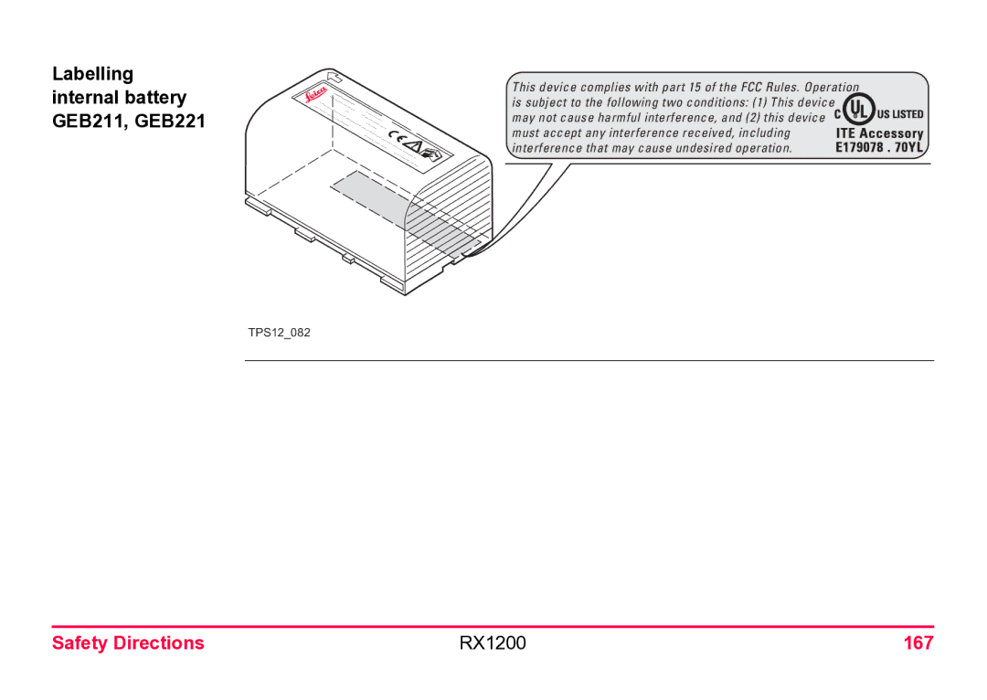 Leica user manual Labelling internal battery GEB211, GEB221, Safety Directions RX1200 167 