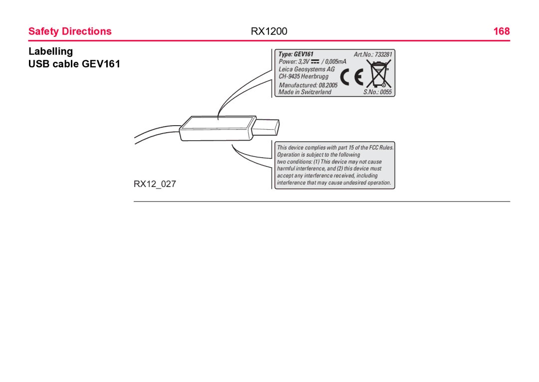 Leica user manual Safety Directions RX1200 168, Labelling USB cable GEV161 