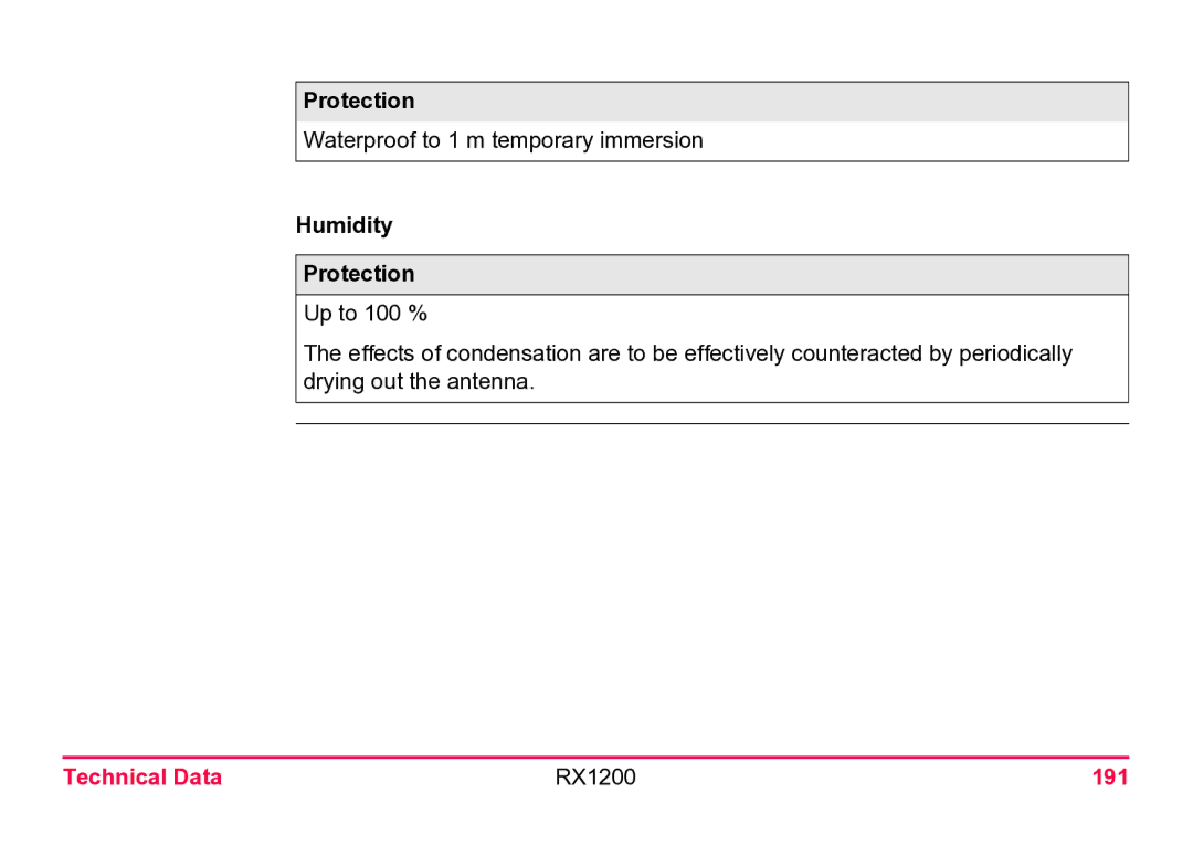 Leica user manual Humidity Protection, Technical Data RX1200 191 