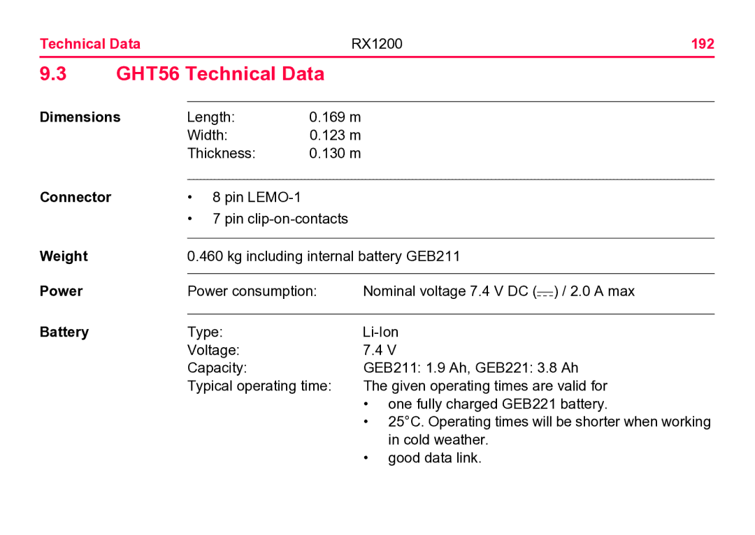 Leica user manual GHT56 Technical Data, Technical Data RX1200 192, Power 