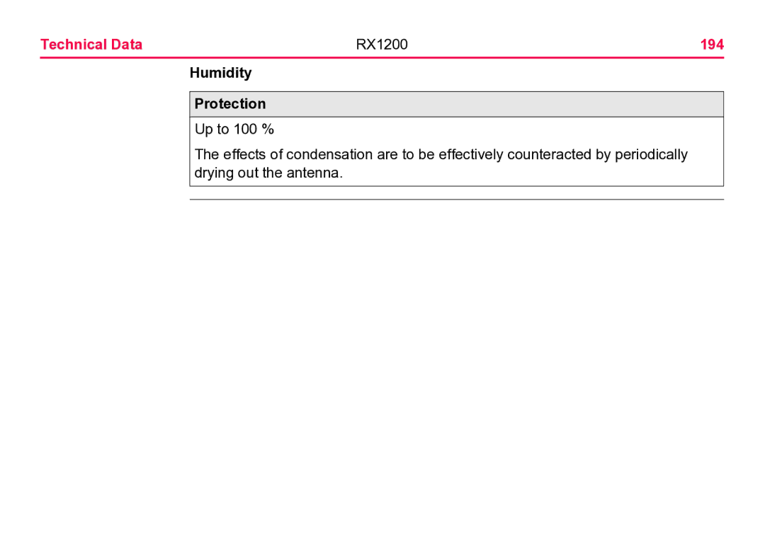 Leica user manual Technical Data RX1200 194, Humidity Protection 