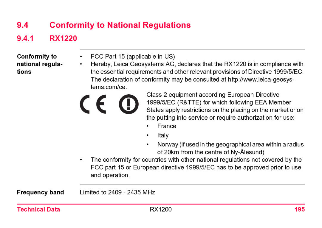 Leica RX1200 user manual Conformity to National Regulations, 1 RX1220, 195 