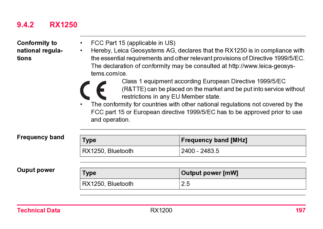 Leica user manual 2 RX1250, Technical Data RX1200 197 