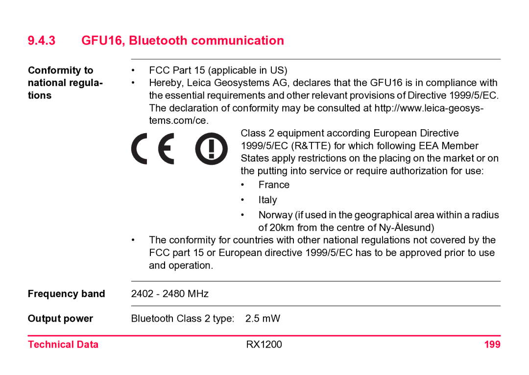 Leica RX1200 user manual 3 GFU16, Bluetooth communication, Output power, 199 