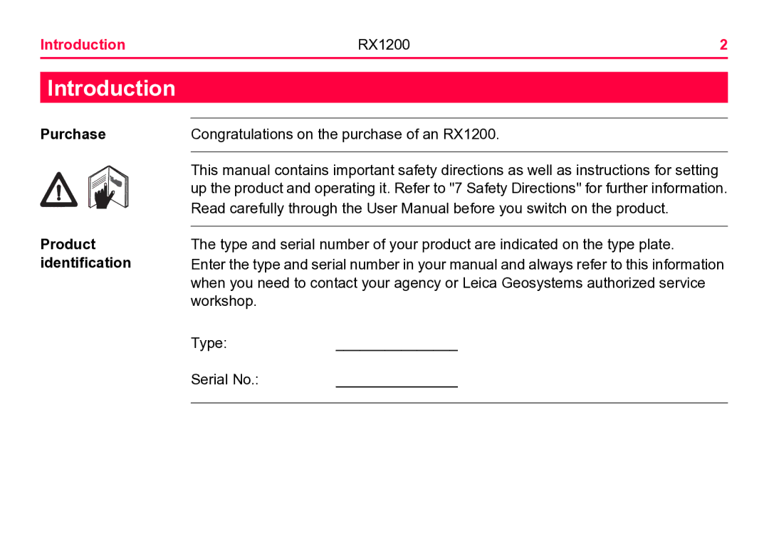 Leica RX1200 user manual Introduction, Purchase, Product identification 