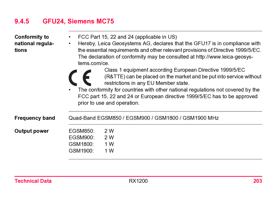 Leica user manual 5 GFU24, Siemens MC75, Technical Data RX1200 203 