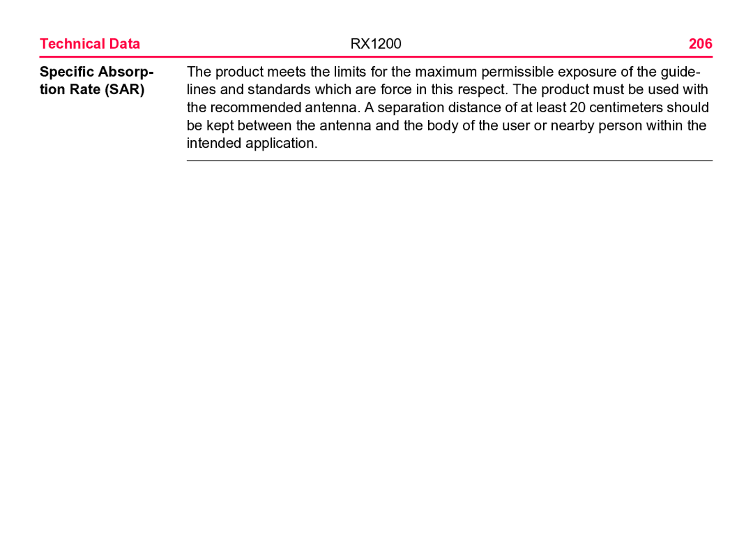 Leica user manual Technical Data RX1200 206 