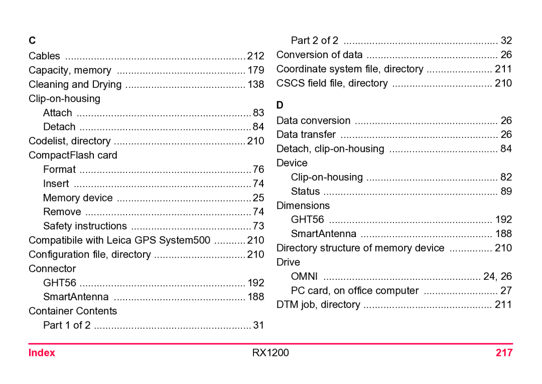 Leica user manual Omni, Index RX1200 217 