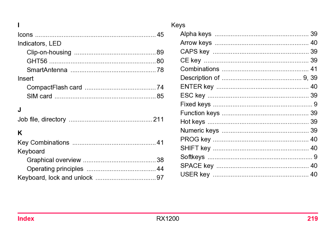 Leica user manual Description, Index RX1200 219 