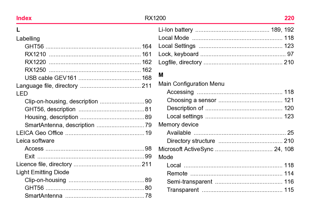 Leica user manual Index RX1200 220, GHT56 