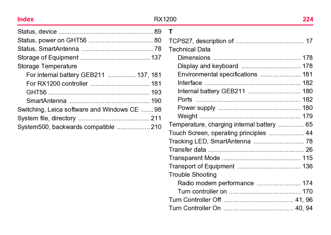 Leica user manual Index RX1200 224 