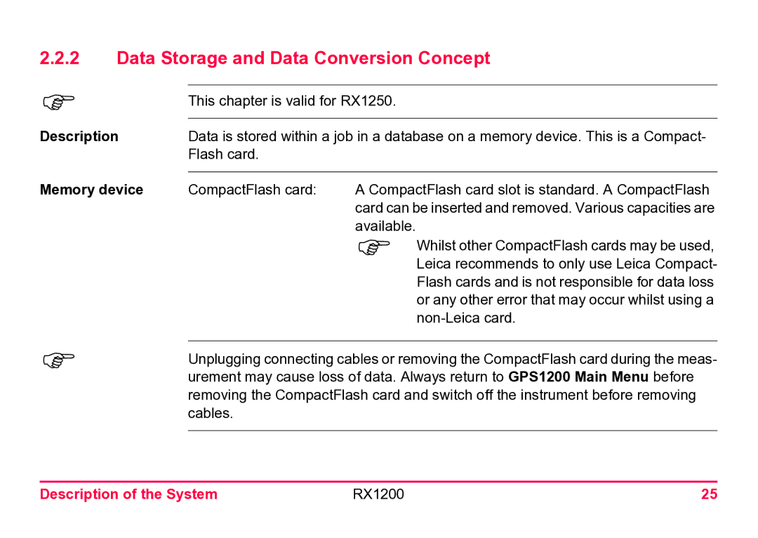 Leica RX1200 user manual Data Storage and Data Conversion Concept, Memory device 